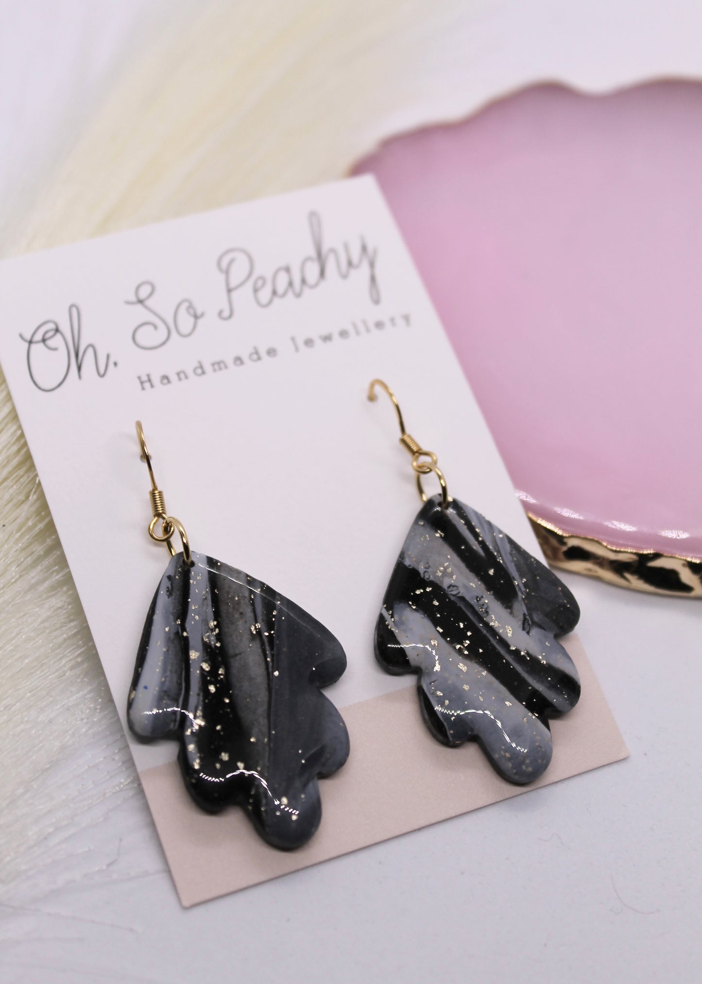 Polymer Clay Black and White Marble Leaf Hook Earrings