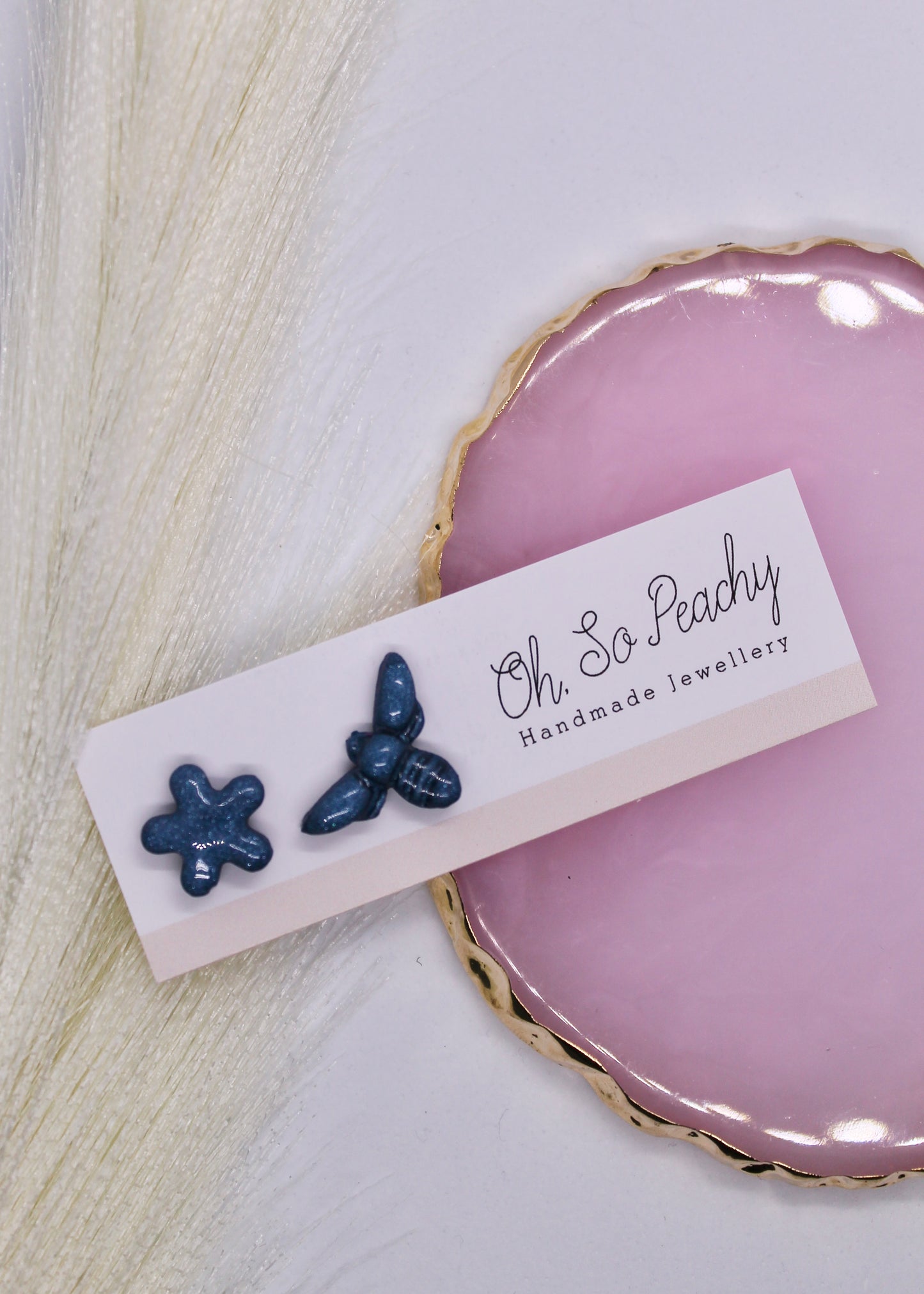 Polymer Clay Navy Pearl Bee And Flower Stud Earrings