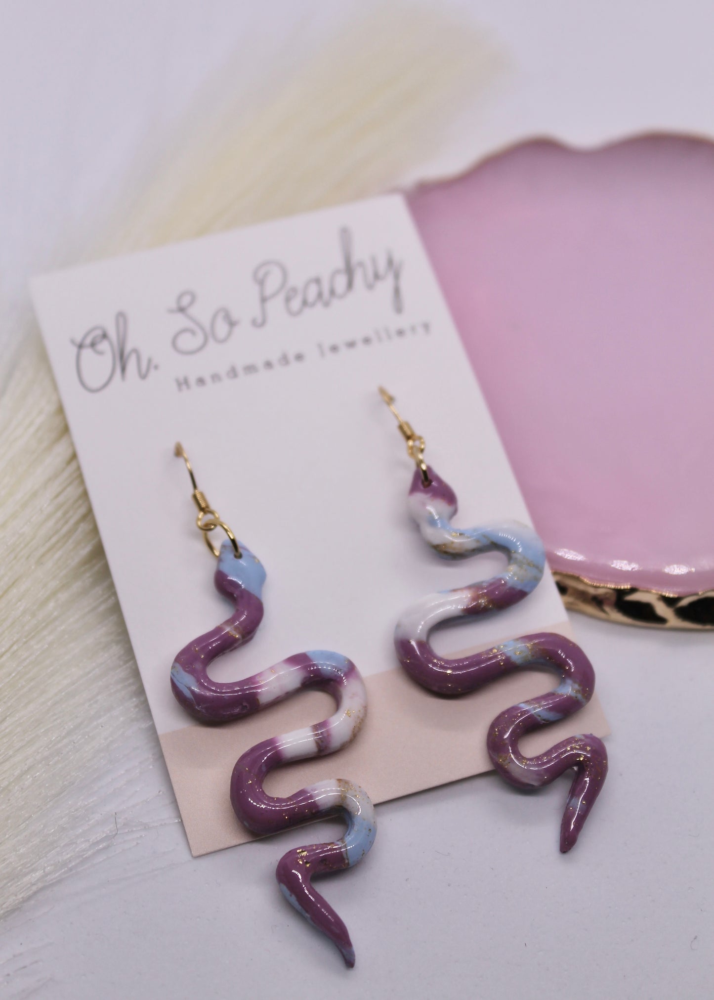 Polymer Clay Purple and Blue Snake Hook Earrings