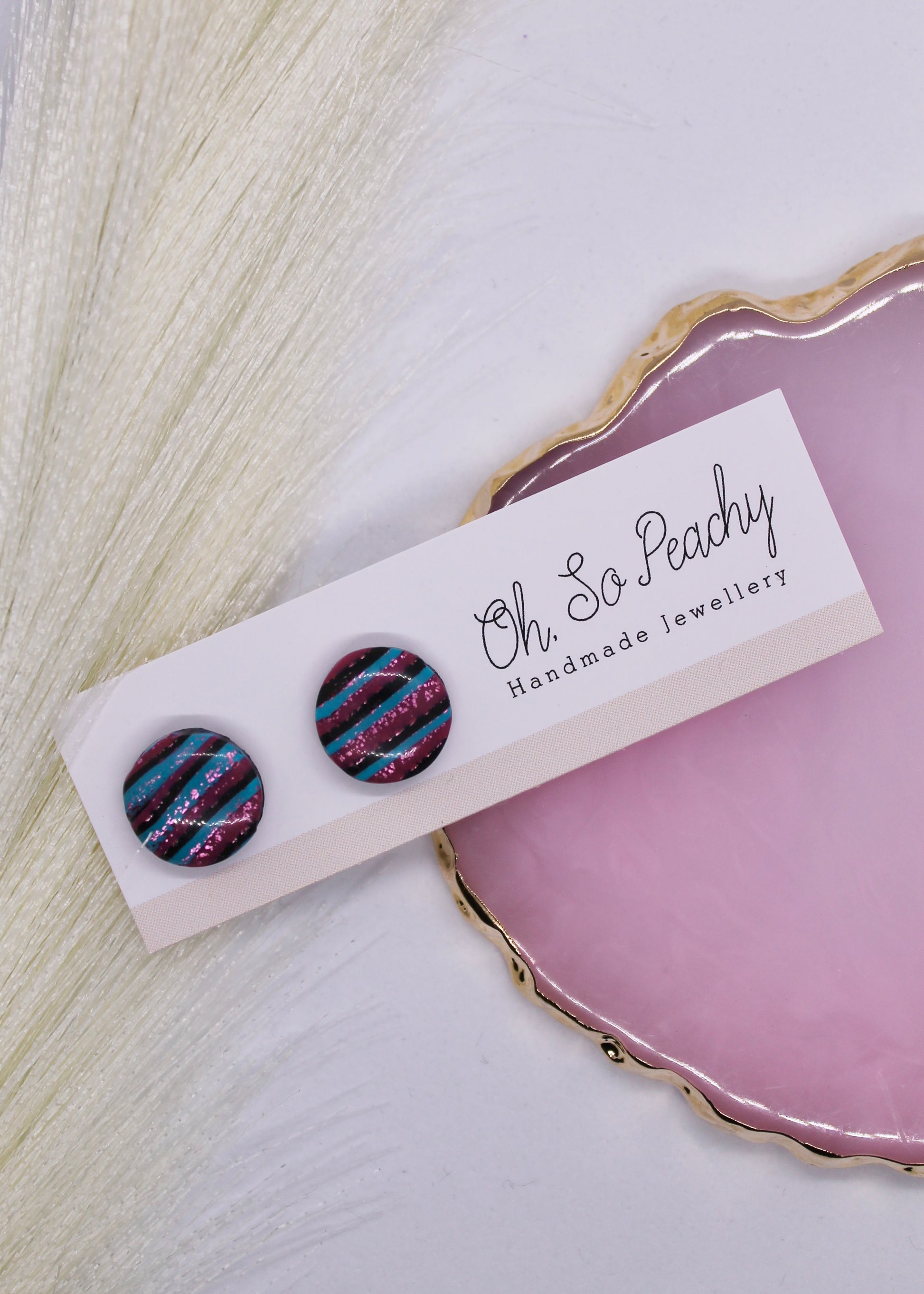 Polymer Clay Pink And Blue Stripe Stud Earrings