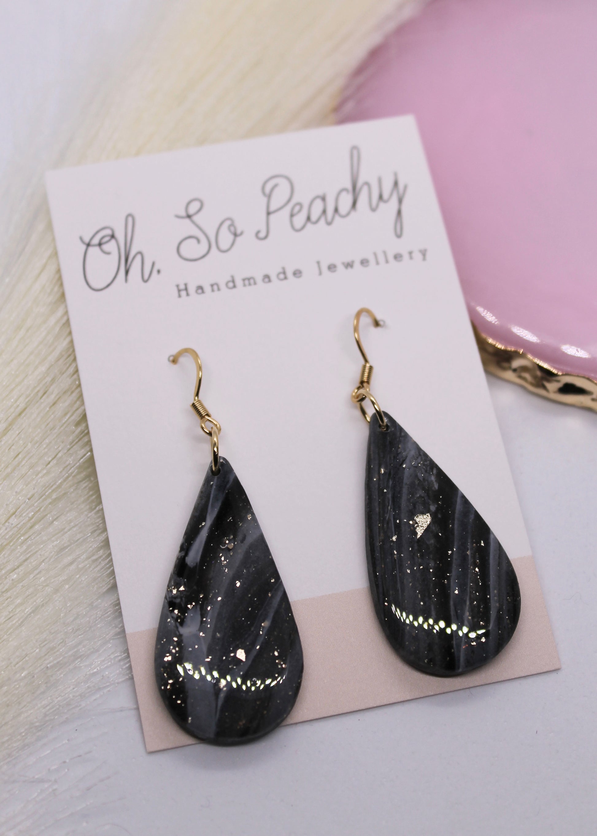 Polymer Clay Black and White Marble Teardrop Hook Earrings