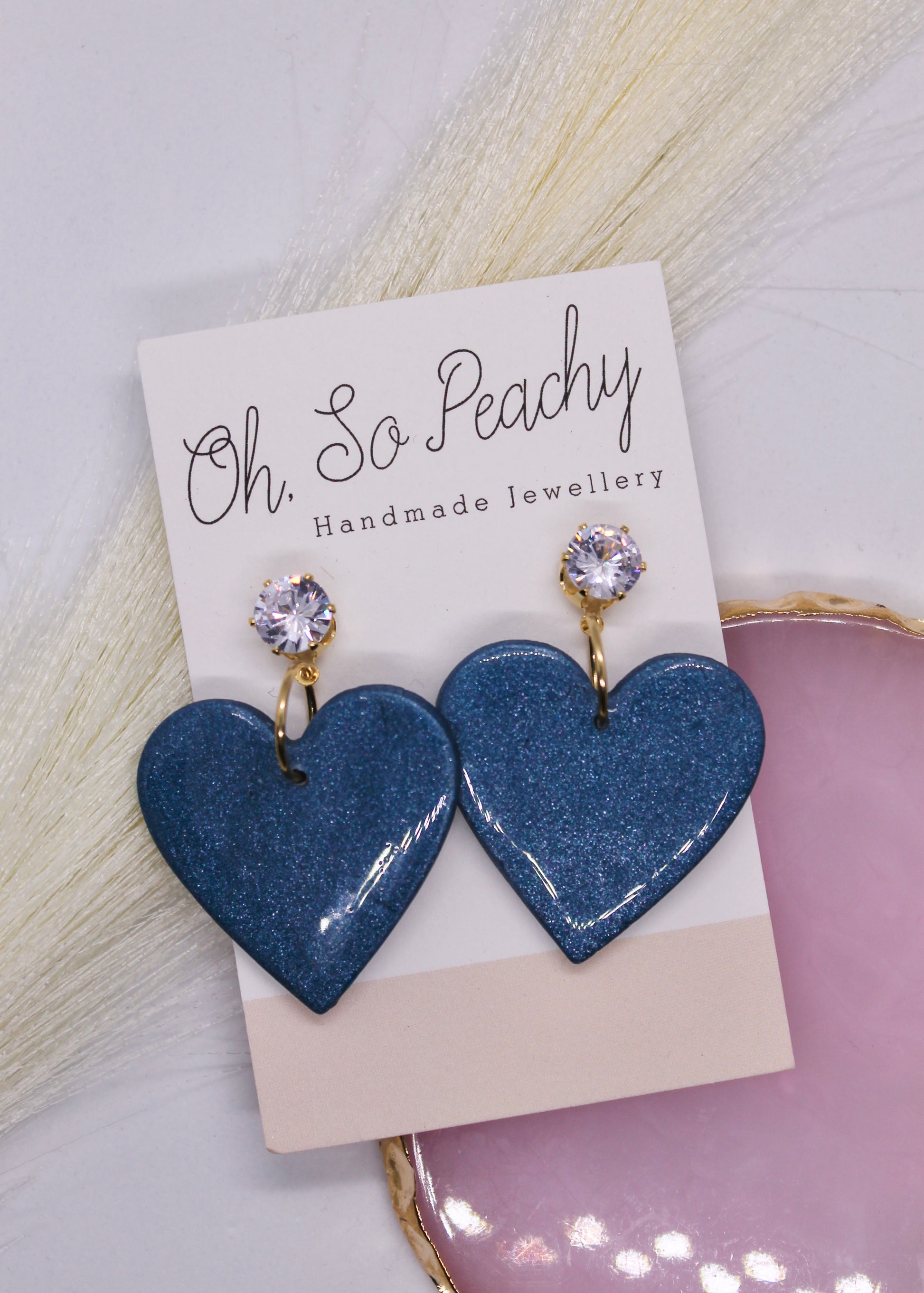 Polymer Clay Navy Pearl Heart Jewel Stud Earrings