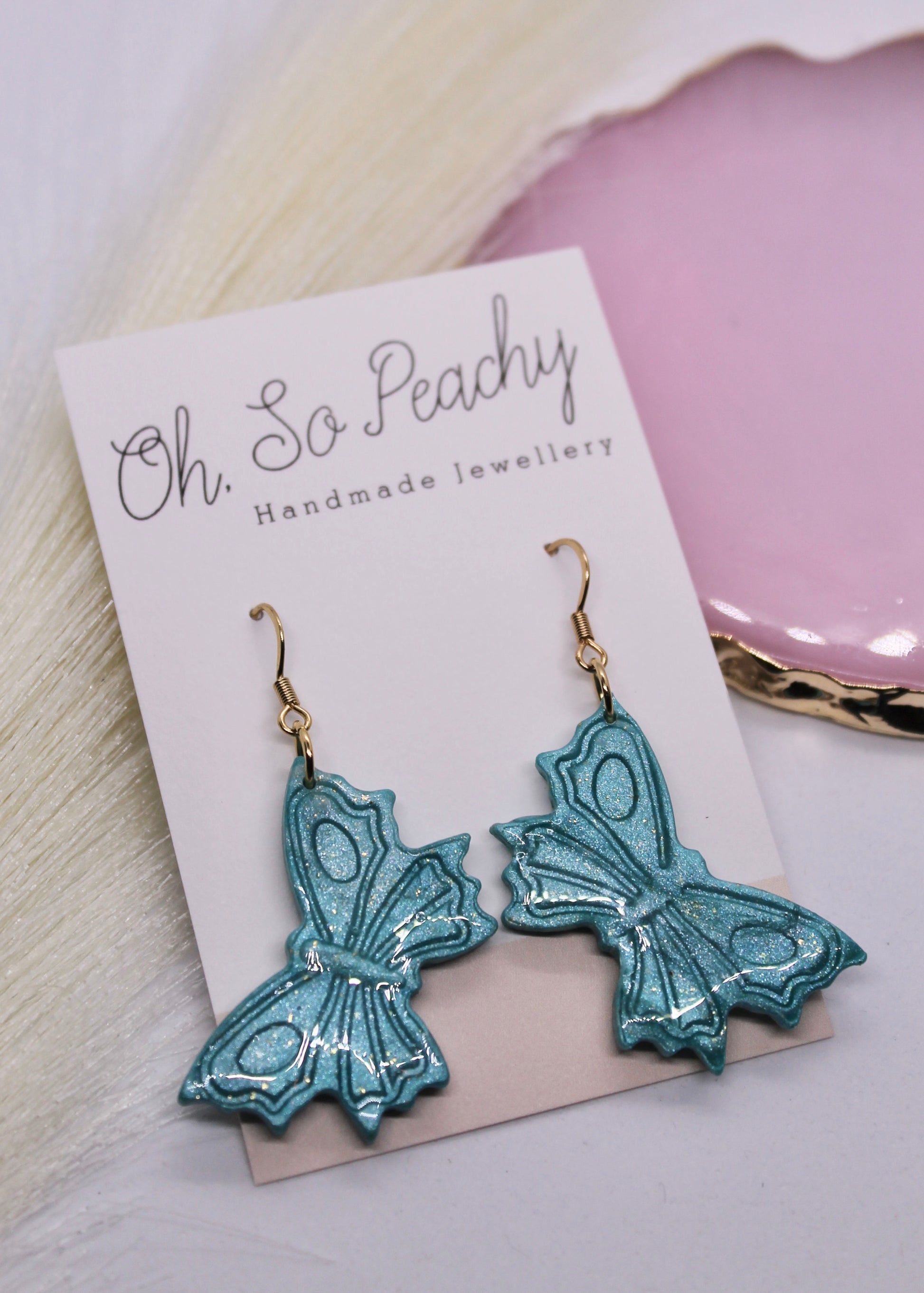 Polymer Clay Peacock Green Pearl Butterfly Hook Earrings