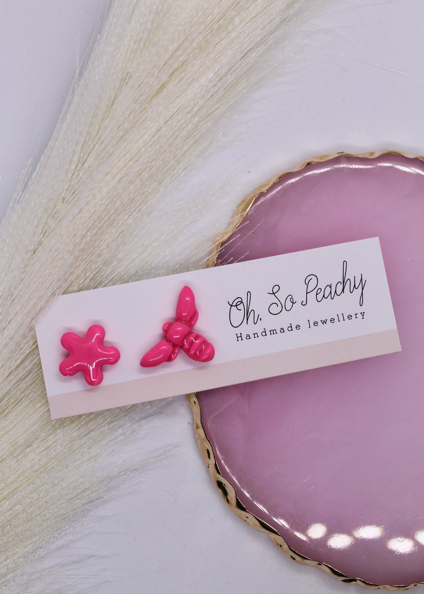 Polymer Clay Hot Pink Bee And Flower Stud Earrings