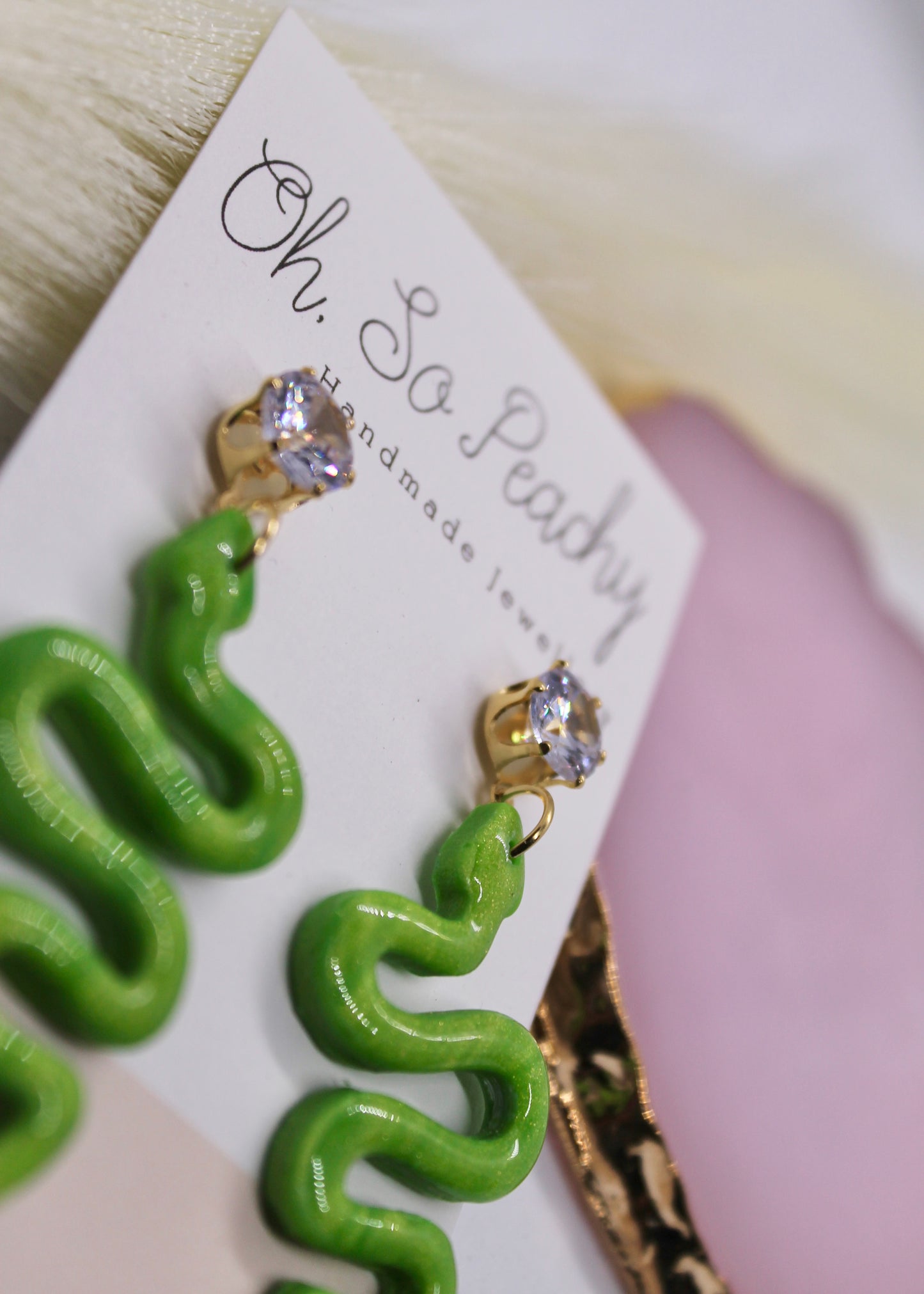 Polymer Clay Bright Green Pearl Snake Jewel Stud Earrings Close Up