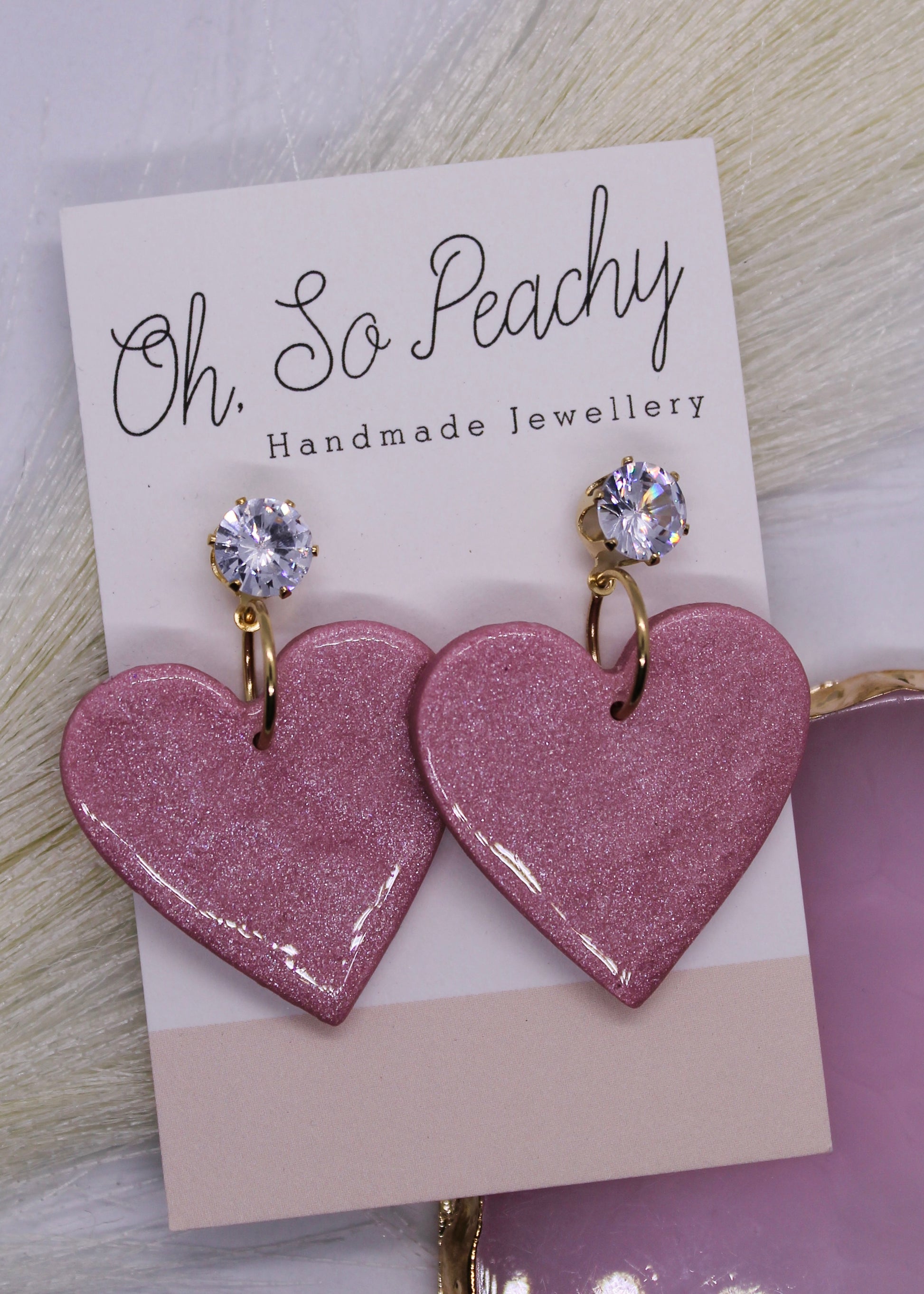 Polymer Clay Pink Pearl Heart Jewel Stud Earrings