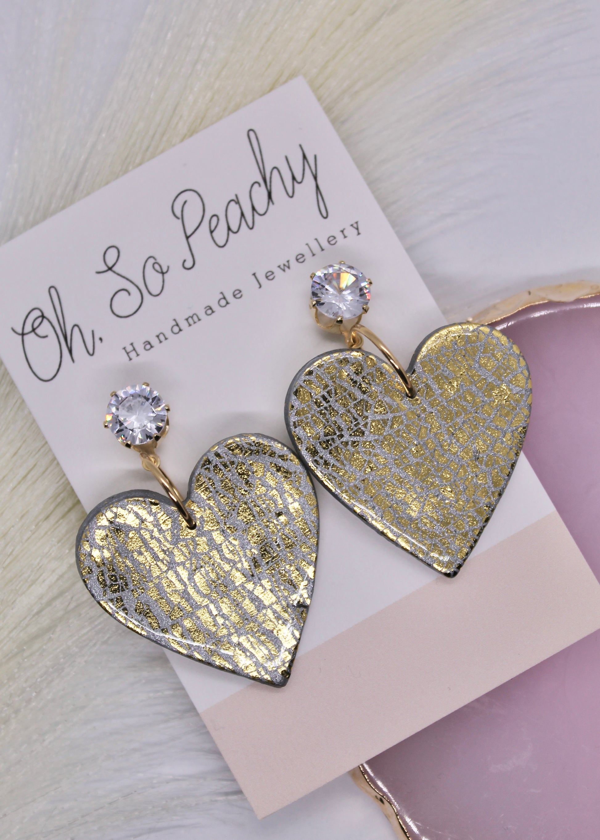 Polymer Clay Silver With Cracked Gold Heart Jewel Stud Earrings