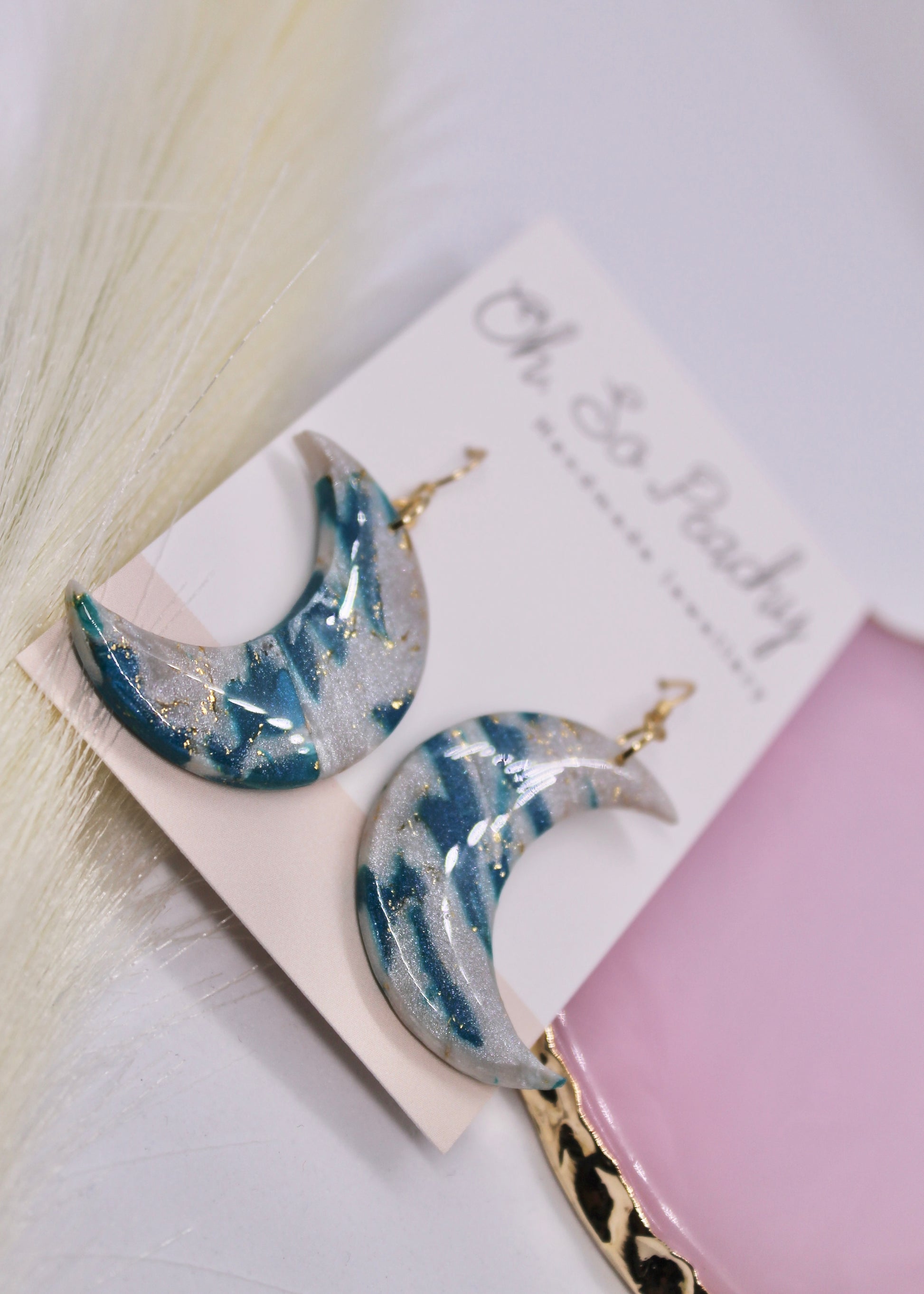 Polymer Clay Pearl And Peacock Green Moon Hook Earrings Close Up