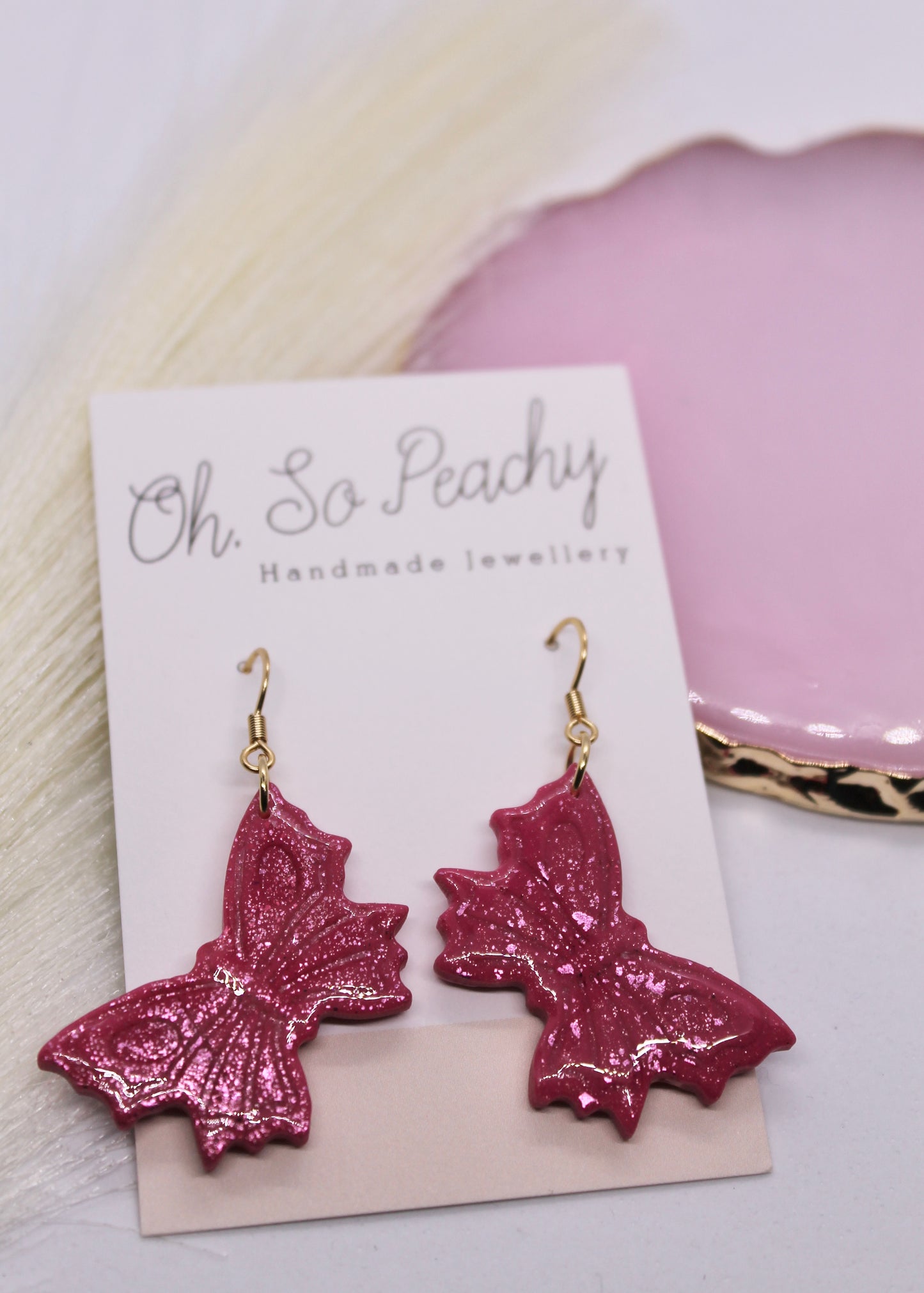 Polymer Clay Pink Butterfly Hook Earrings