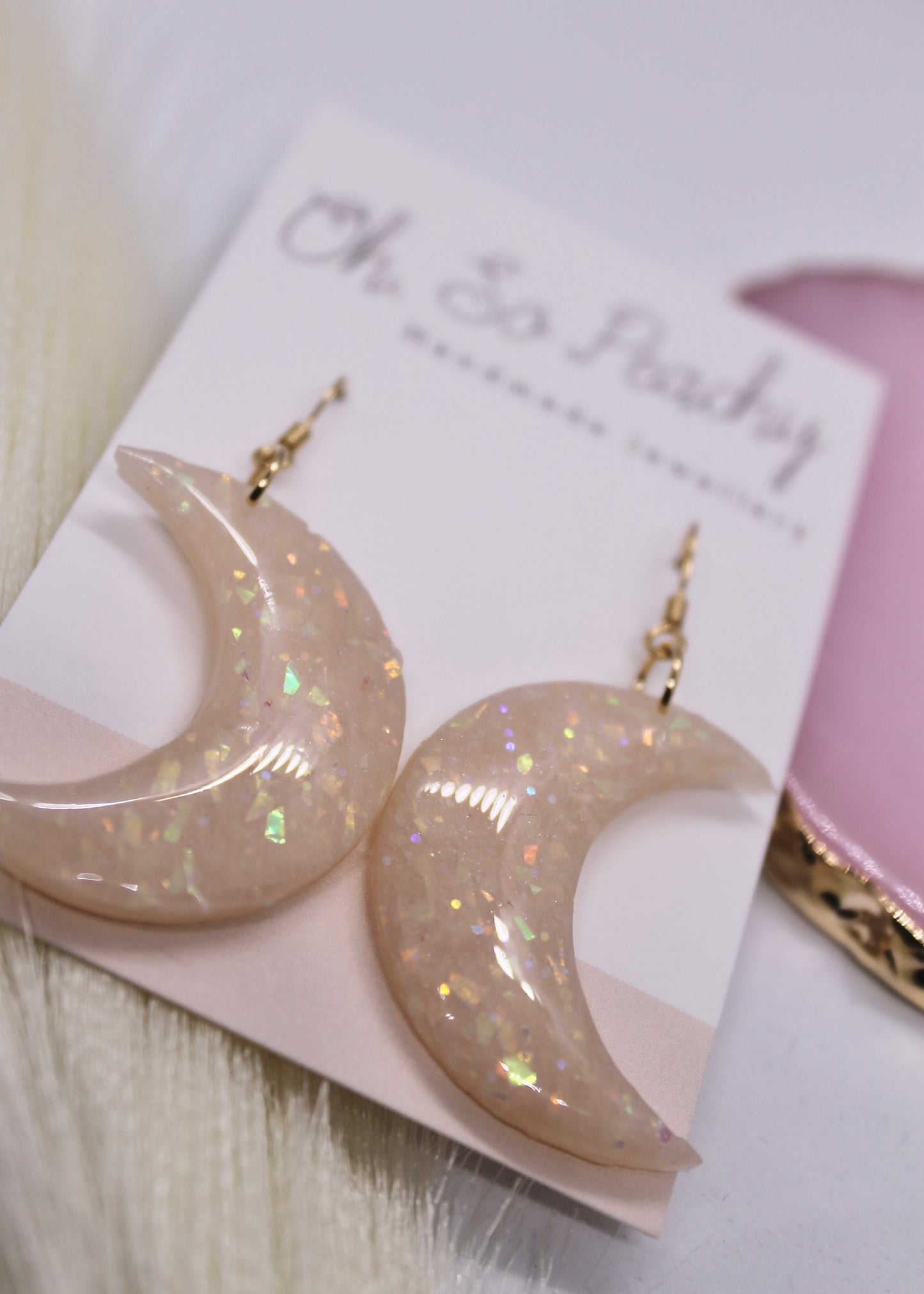 Polymer Clay Opal Moon Hook Earrings Close Up