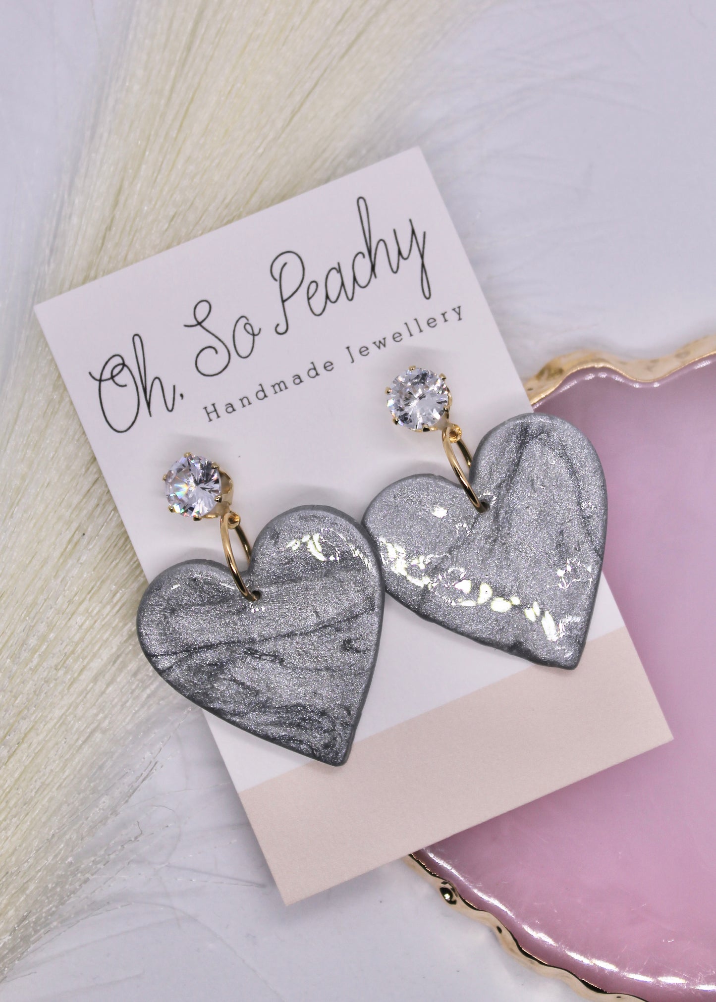 Polymer Clay Silver Pearl Heart Jewel Stud Earrings