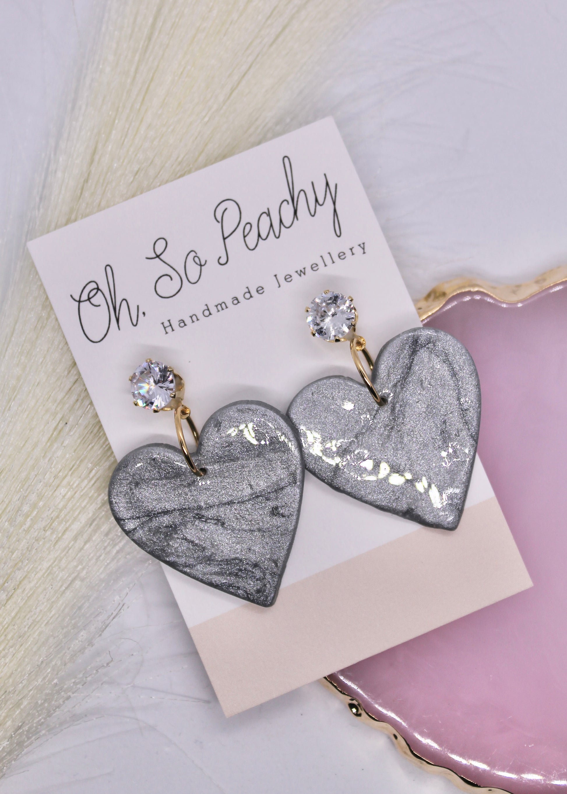 Polymer Clay Silver Pearl Heart Jewel Stud Earrings