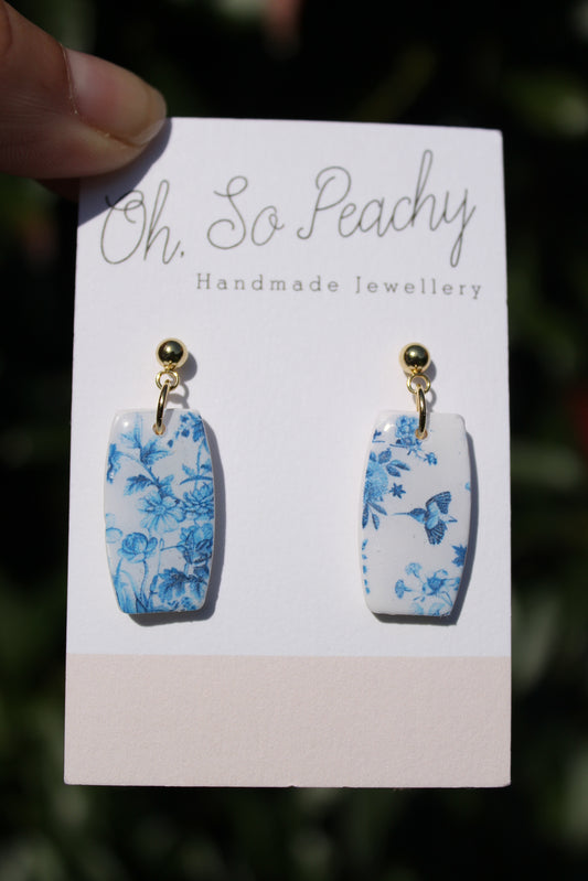 Polymer Clay Blue Wilderness Ball Stud Earrings Gold Hardware