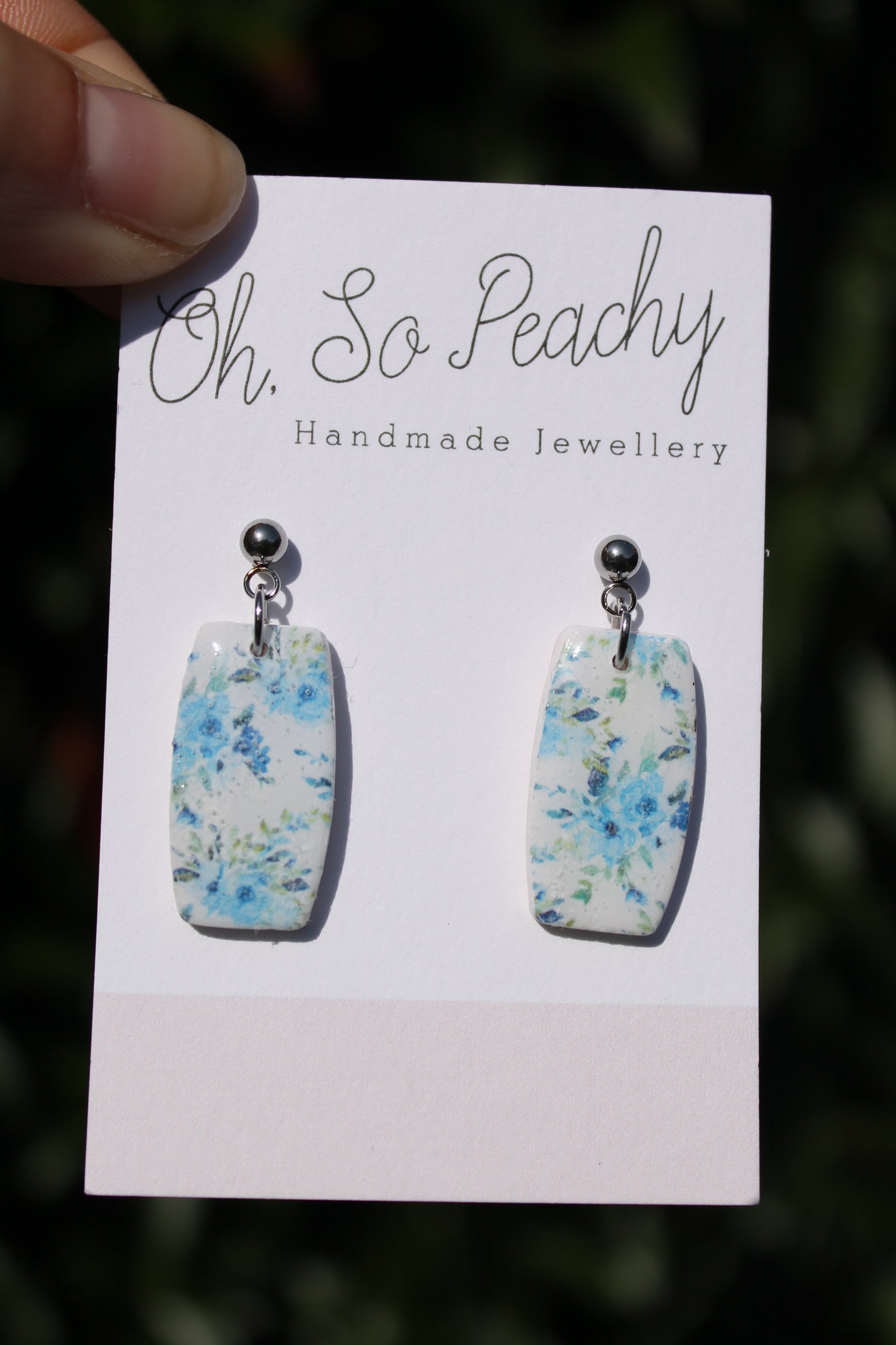 Polymer Clay Blue Flower Ball Stud Earrings Silver Hardware