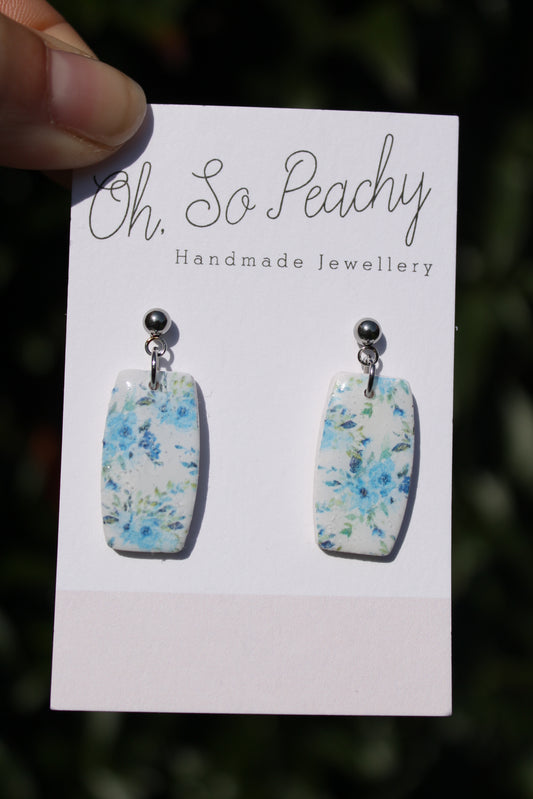 Polymer Clay Blue Flower Ball Stud Earrings Silver Hardware