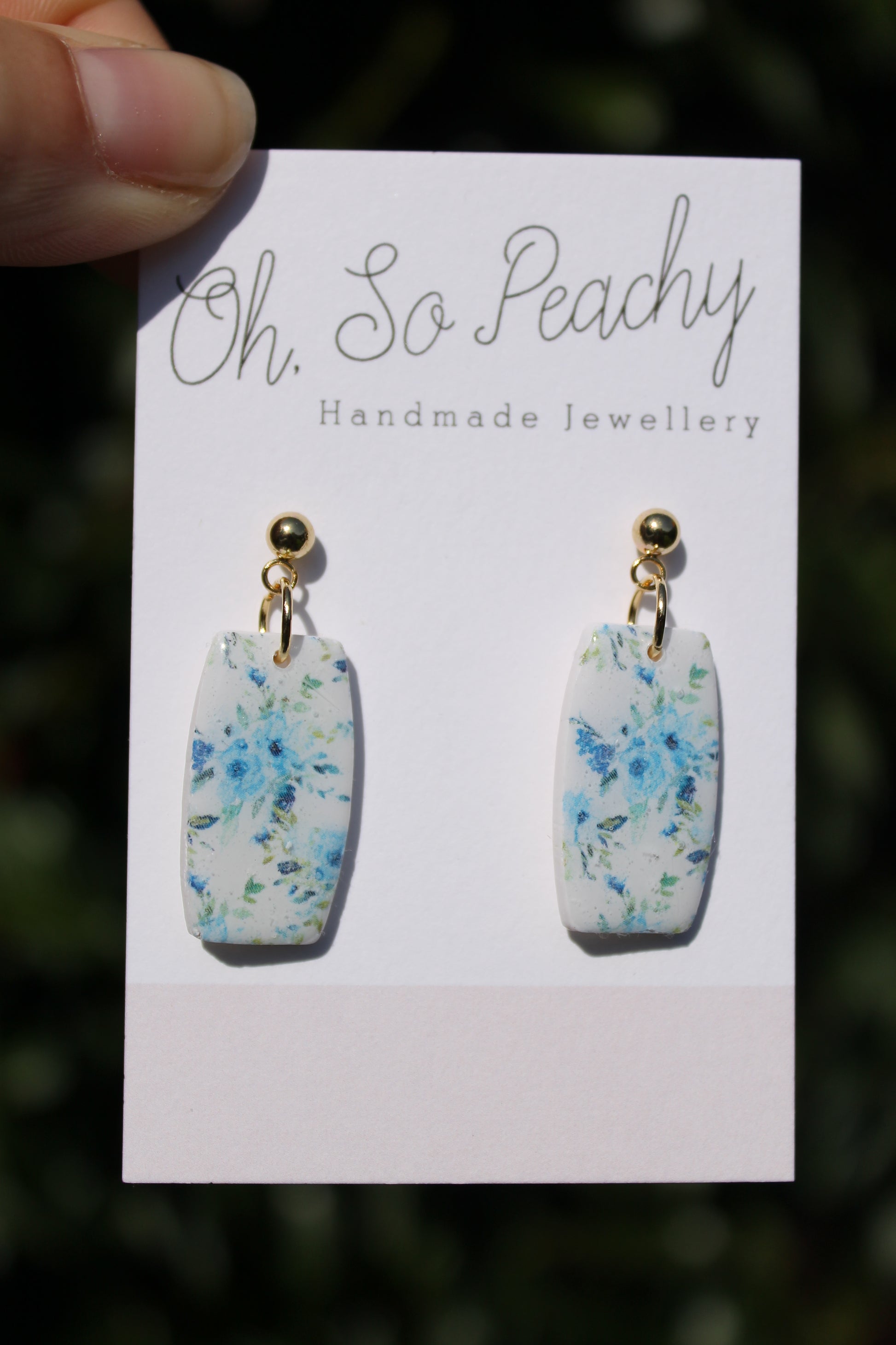 Polymer Clay Blue Flower Ball Stud Earrings Gold Hardware