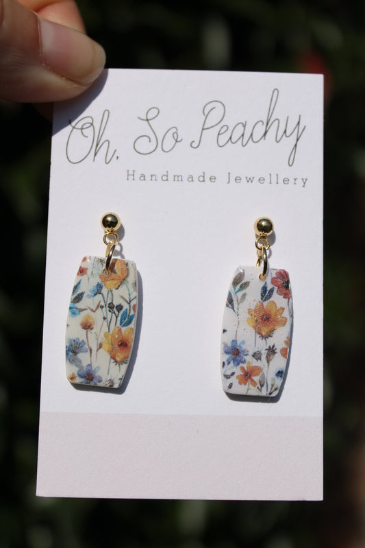 Polymer Clay Autumn Wild Flowers Ball Stud Earrings Gold Hardware