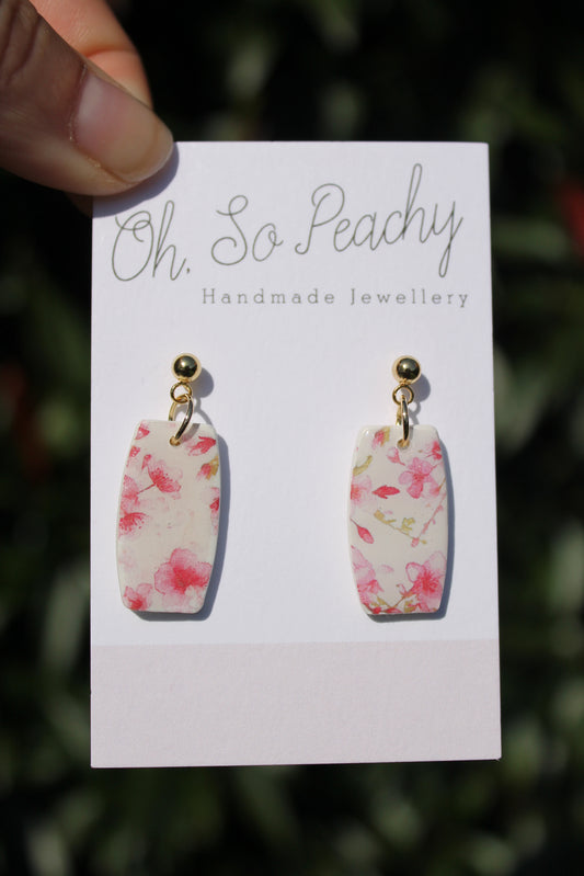 Polymer Clay Cherry Blossom Ball Stud Earrings Gold Hardware
