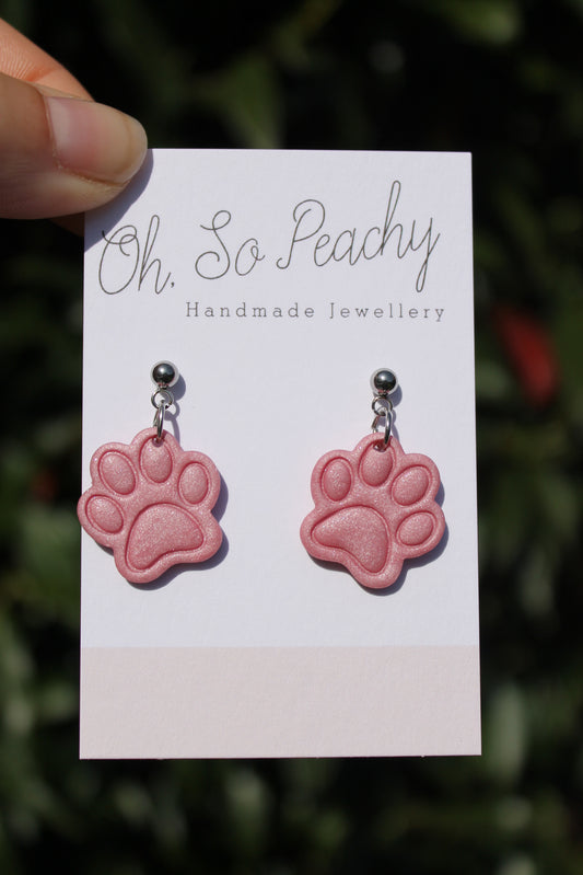 Polymer Clay Paw Print Ball Stud Earrings Pink Pearl Silver Hardware