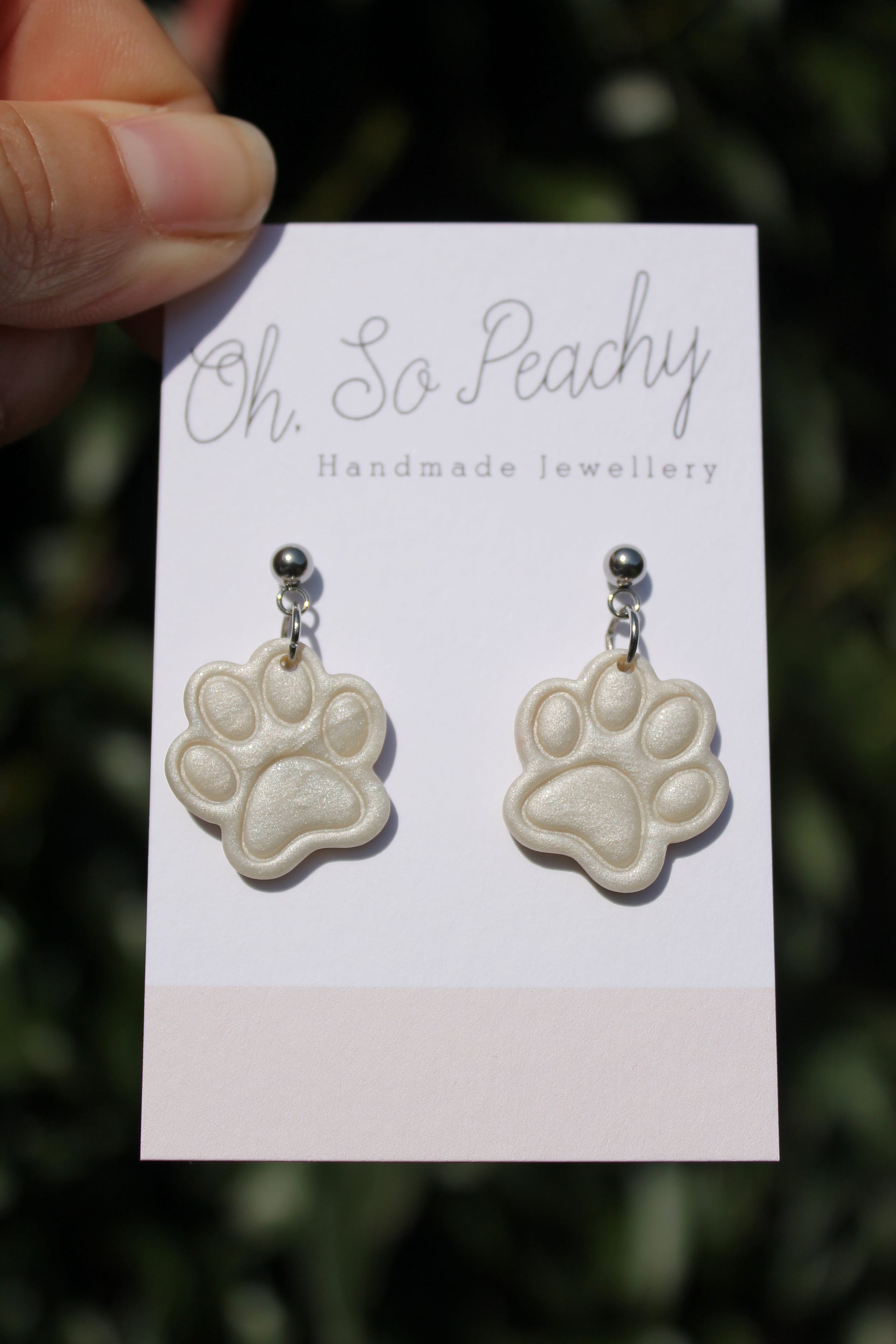 Polymer Clay Paw Print Ball Stud Earrings Pearl Silver Hardware