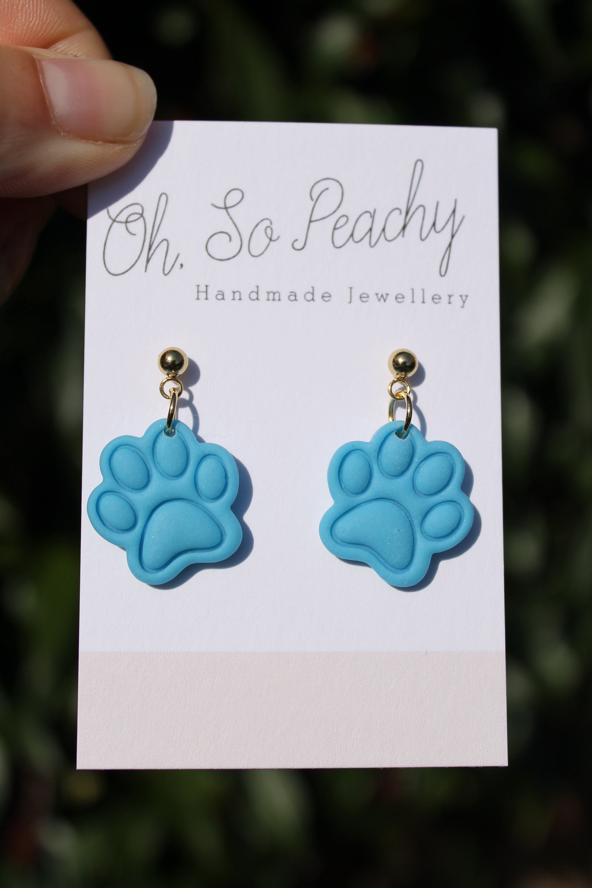 Polymer Clay Paw Print Ball Stud Earrings Blue Gold Hardware