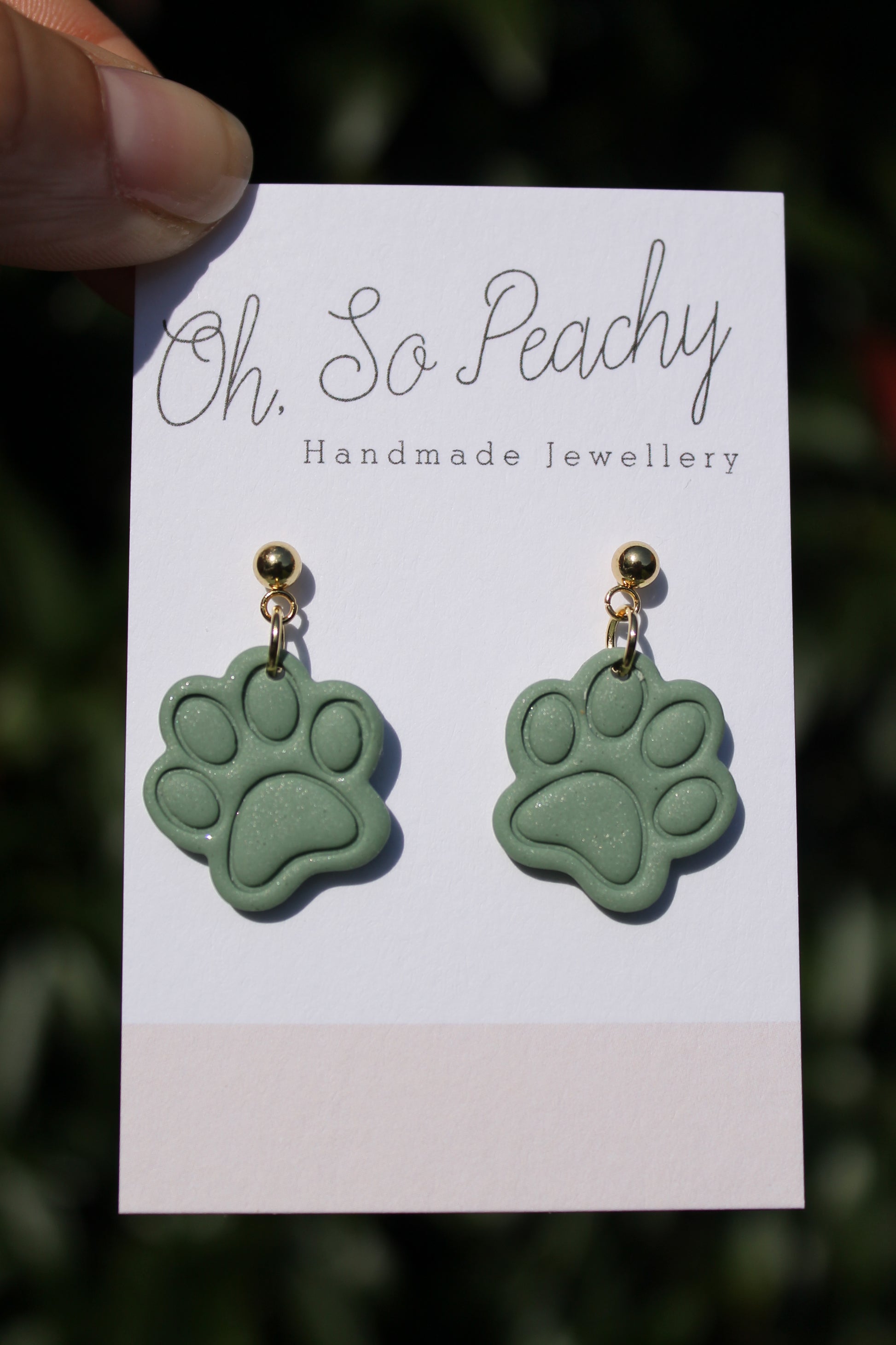 Polymer Clay Paw Print Ball Stud Earrings Sage Pearl Gold Hardware
