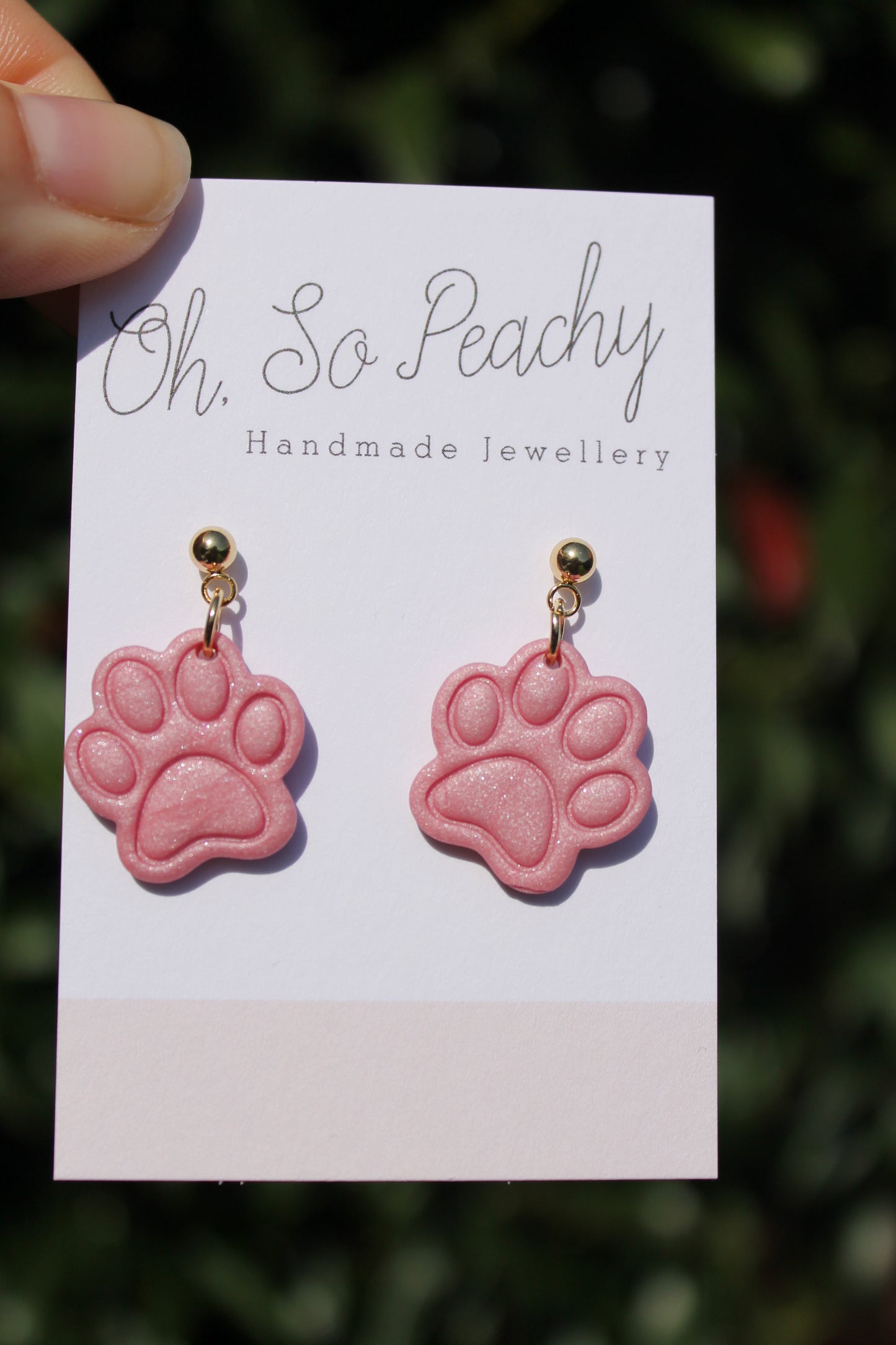 Polymer Clay Paw Print Ball Stud Earrings Pink Pearl Gold Hardware