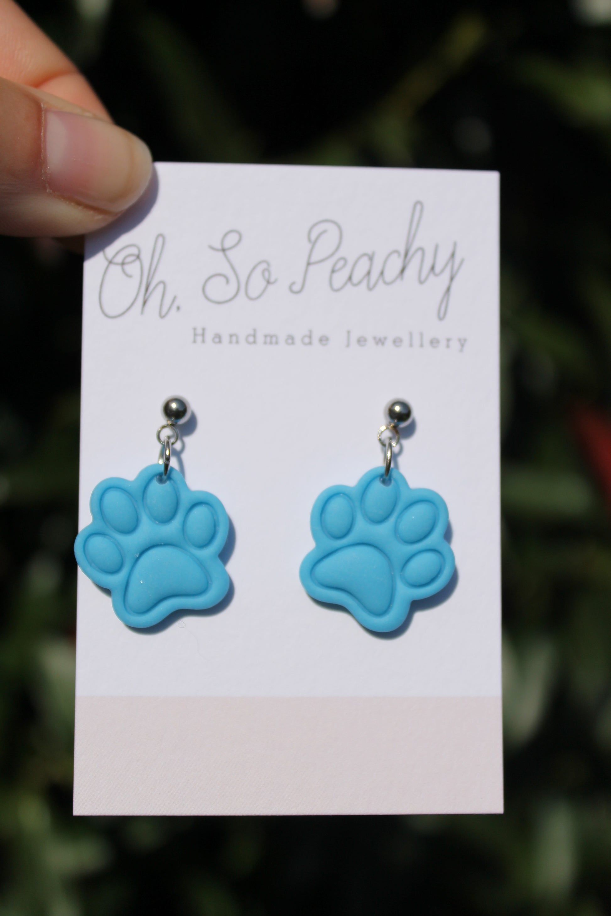 Polymer Clay Paw Print Ball Stud Earrings Blue Silver Hardware