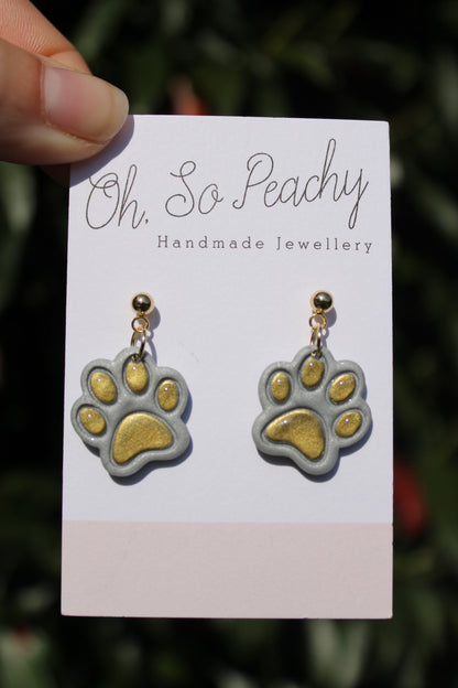 Polymer Clay Chrome Paw Print Ball Stud Earrings Silver Gold Hardware