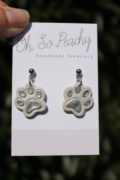 Polymer Clay Chrome Paw Print Ball Stud Earrings Pearl Silver Hardware