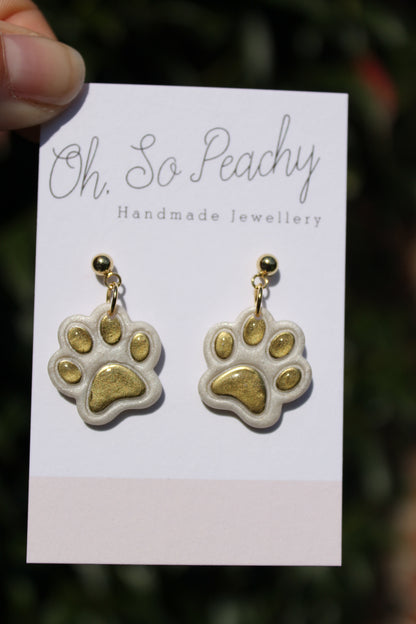 Polymer Clay Chrome Paw Print Ball Stud Earrings Pearl Gold Hardware