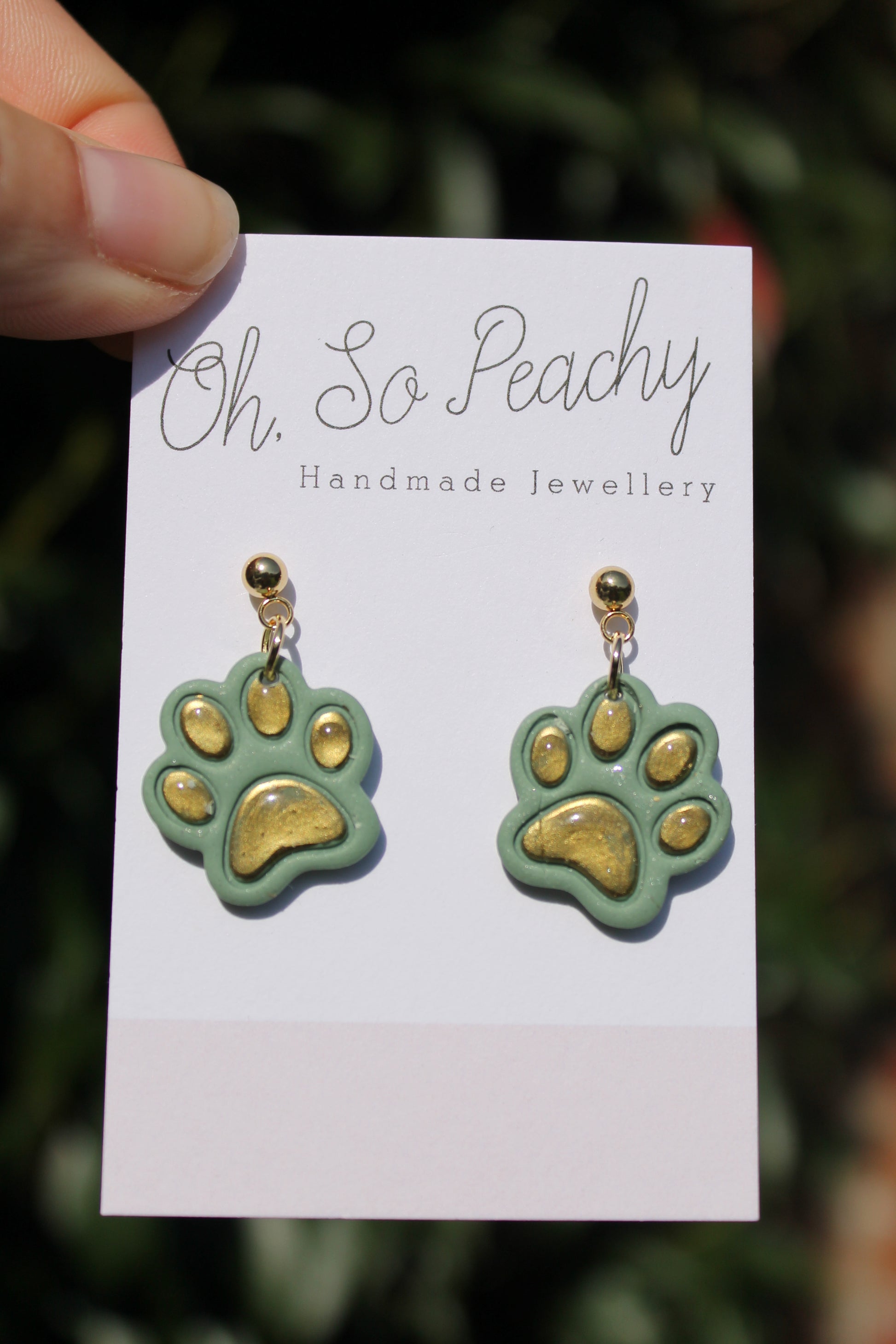 Polymer Clay Chrome Paw Print Ball Stud Earrings Sage Pearl Gold Hardware