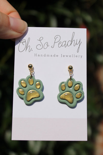 Polymer Clay Chrome Paw Print Ball Stud Earrings Sage Pearl Gold Hardware