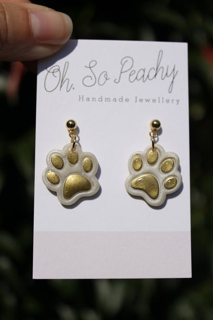 Polymer Clay Chrome Paw Print Ball Stud Earrings Pearl Gold Hardware