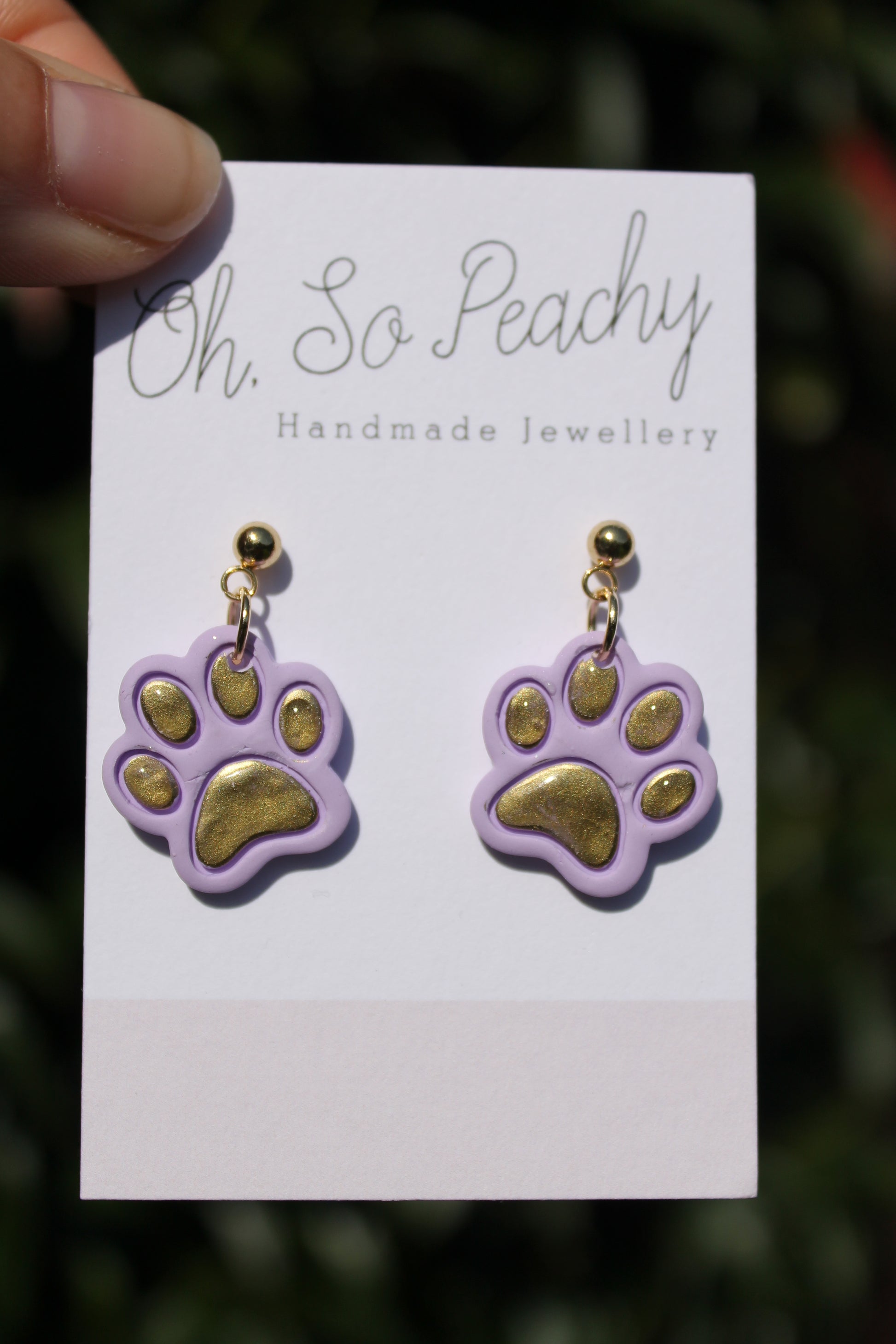 Polymer Clay Chrome Paw Print Ball Stud Earrings Lilac Gold Hardware