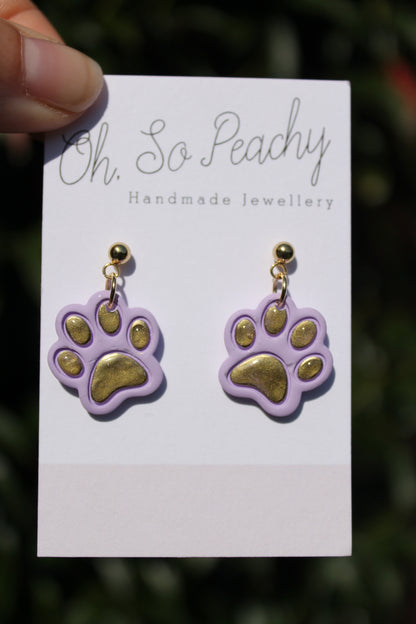 Polymer Clay Chrome Paw Print Ball Stud Earrings Lilac Gold Hardware