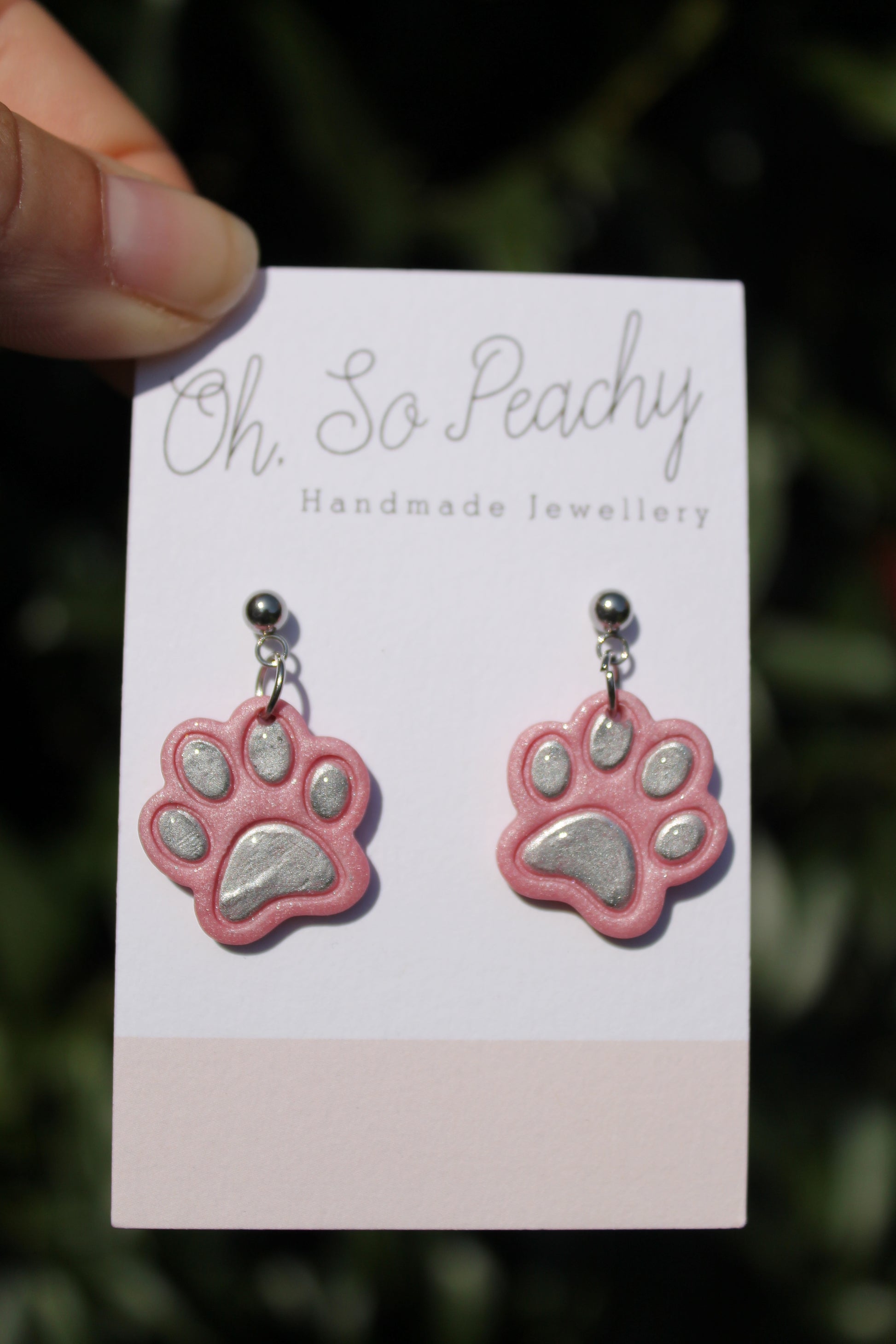 Polymer Clay Chrome Paw Print Ball Stud Earrings Pink Pearl Silver Hardware