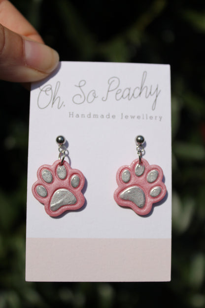 Polymer Clay Chrome Paw Print Ball Stud Earrings Pink Pearl Silver Hardware