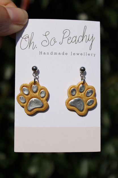 Polymer Clay Chrome Paw Print Ball Stud Earrings Gold Silver Hardware