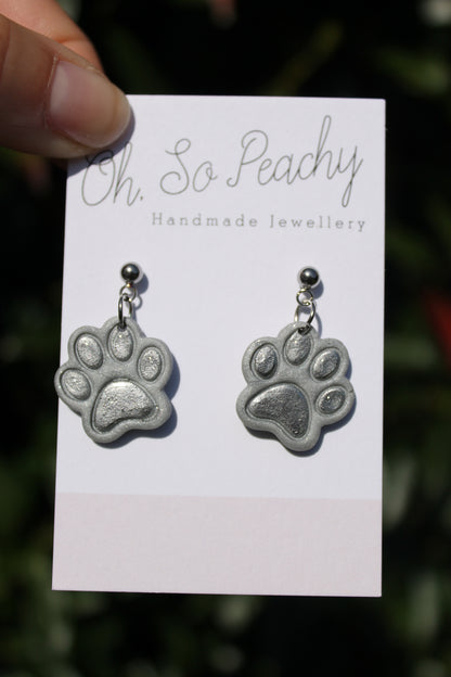 Polymer Clay Chrome Paw Print Ball Stud Earrings Silver Silver Hardware