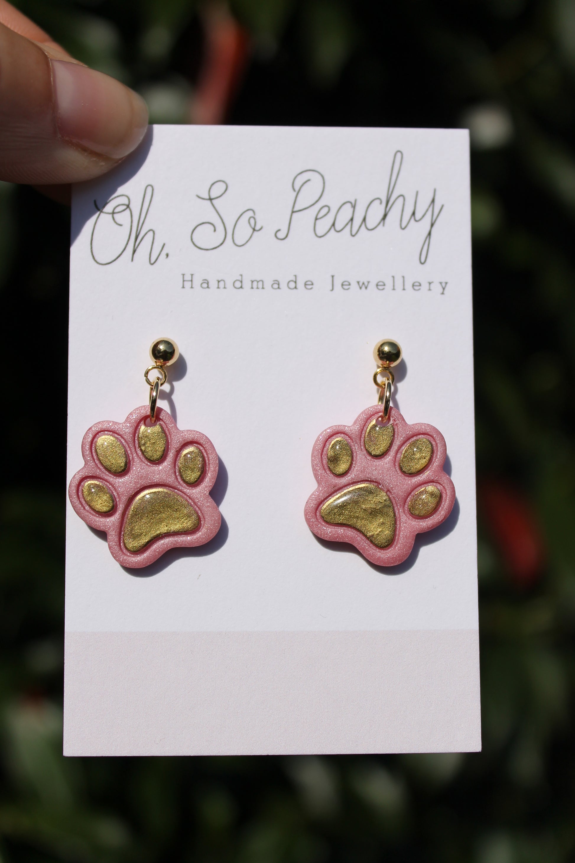 Polymer Clay Chrome Paw Print Ball Stud Earrings Pink Pearl Gold Hardware