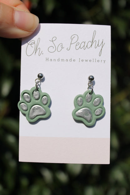 Polymer Clay Chrome Paw Print Ball Stud Earrings Sage Pearl Silver Hardware