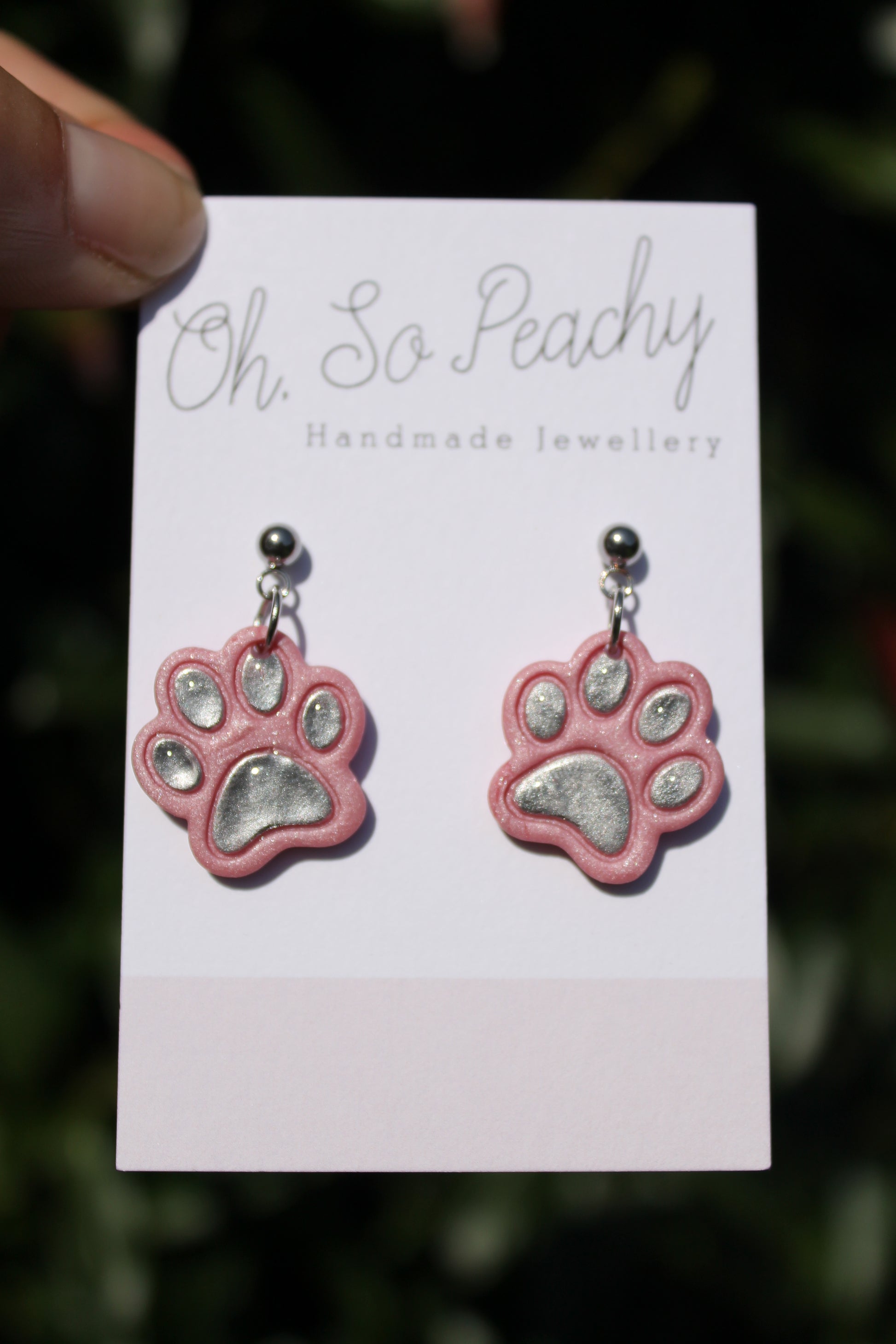 Polymer Clay Chrome Paw Print Ball Stud Earrings Pink Pearl Silver Hardware