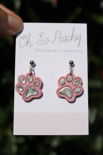 Polymer Clay Chrome Paw Print Ball Stud Earrings Pink Pearl Silver Hardware