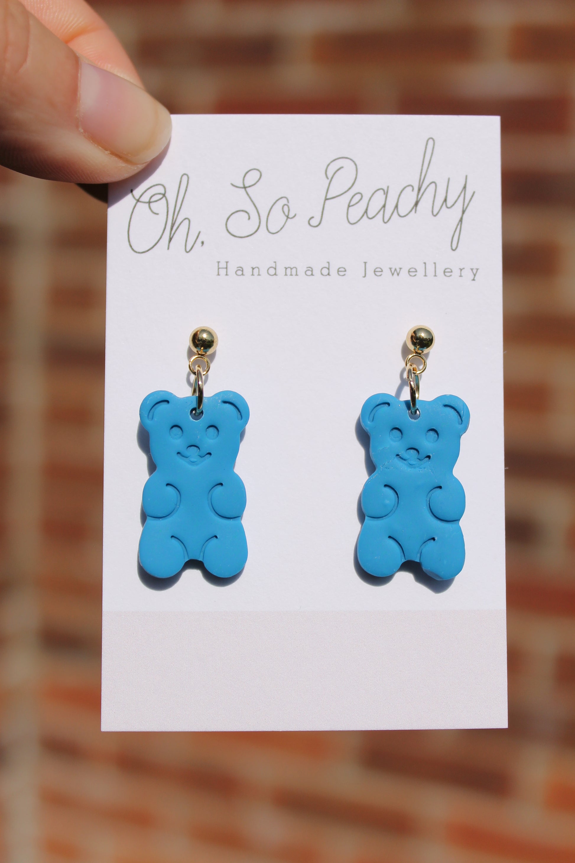 Polymer Clay Gummy Bear Ball Stud Earrings Blue Gold Hardware