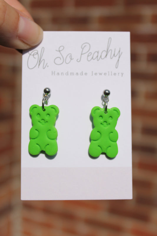Polymer Clay Gummy Bear Ball Stud Earrings Light Green Silver Hardware