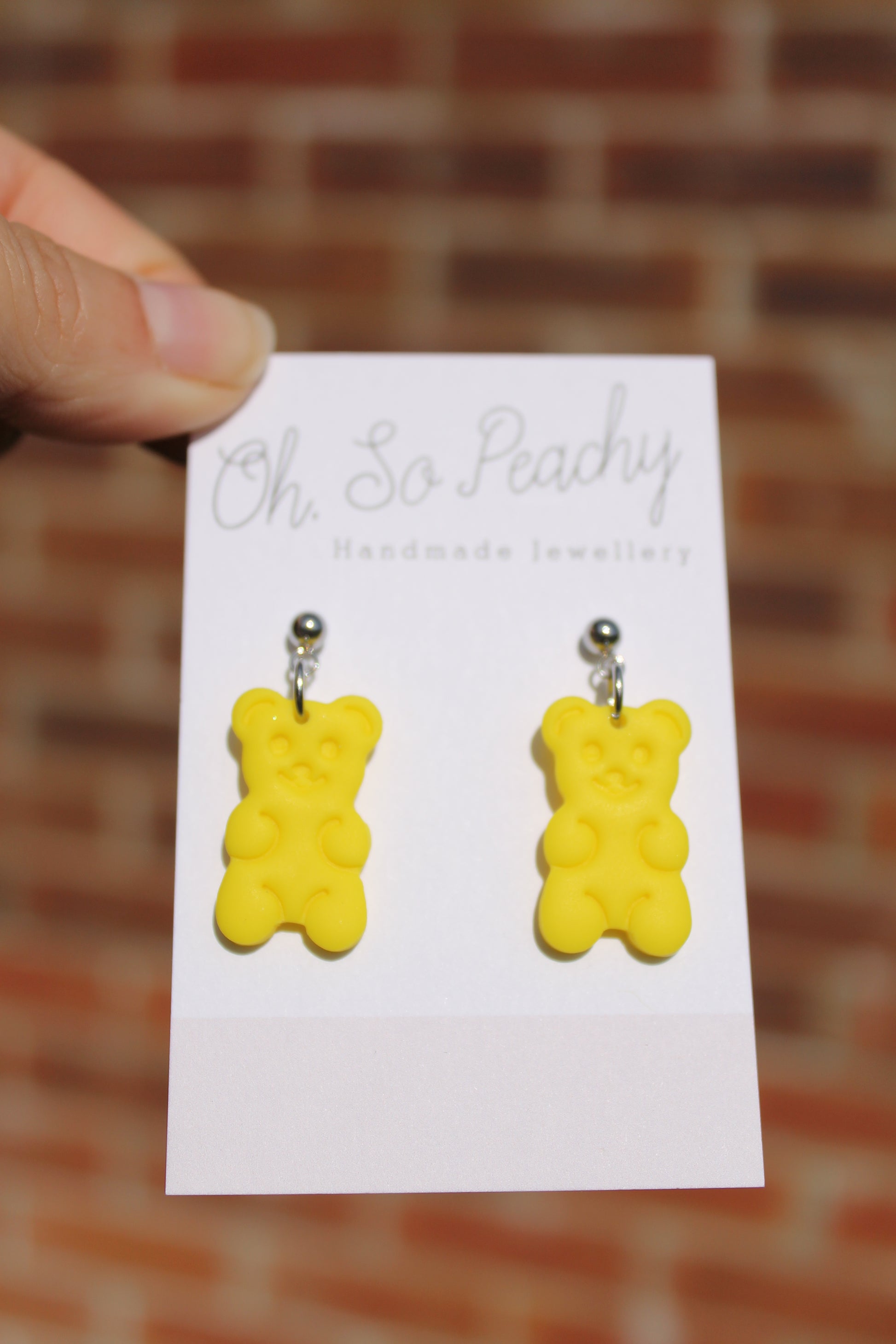 Polymer Clay Gummy Bear Ball Stud Earrings Yellow Silver Hardware