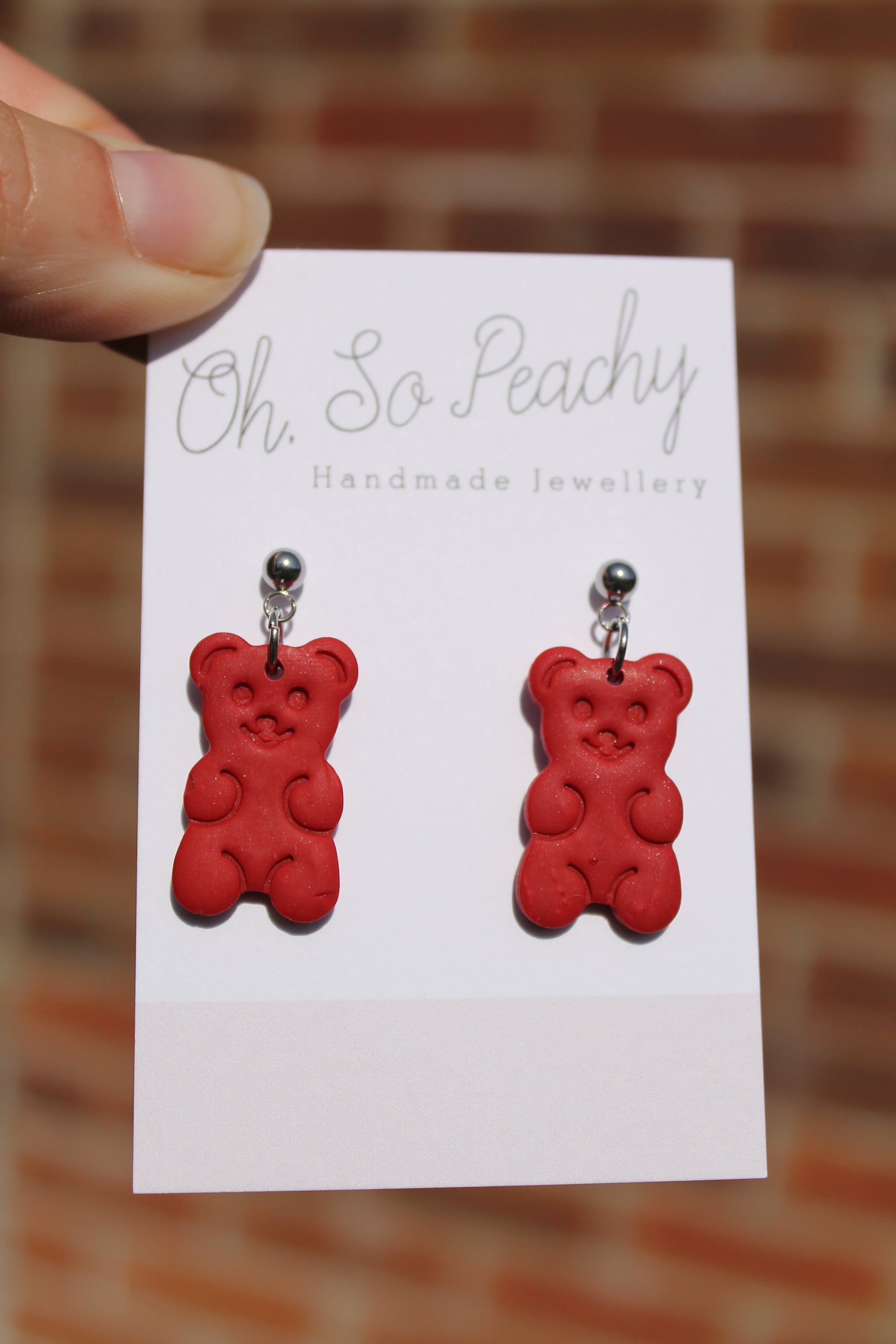 Polymer Clay Gummy Bear Ball Stud Earrings Red Silver Hardware