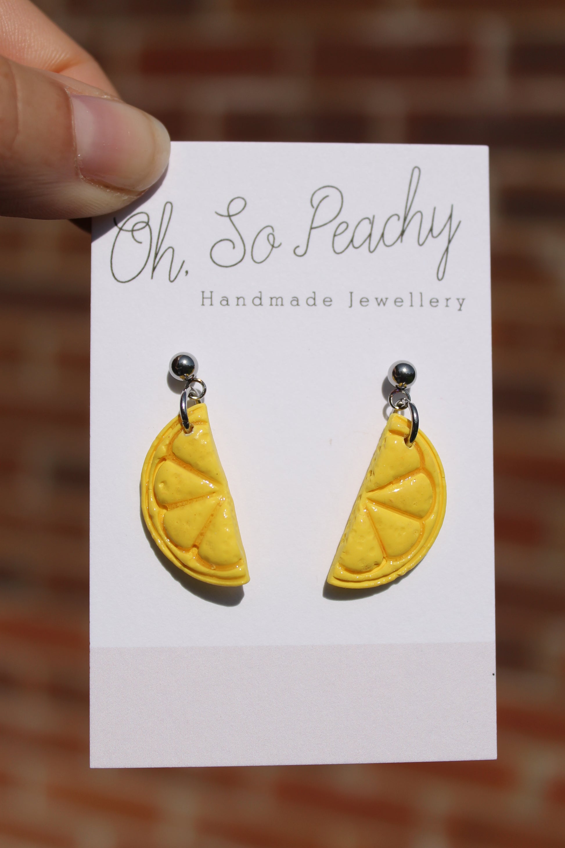 Polymer Clay Citrus Ball Stud Earrings Lemon Silver Hardware