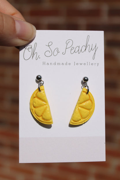 Polymer Clay Citrus Ball Stud Earrings Lemon Silver Hardware